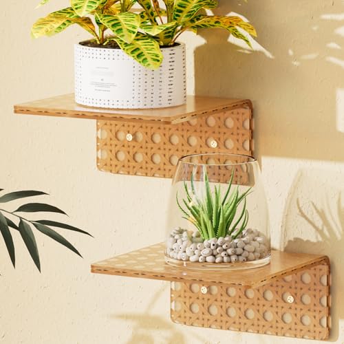 QsQueen Boho Acrylic Wall Shelves 2 Pack, Small Floating Shelf with Rattan Pattern, Clear Display Ledges for Funko Pop Figures, Plants, Perfume & Home Decor, Wall Mount for Bedroom, Living Room - Image 1