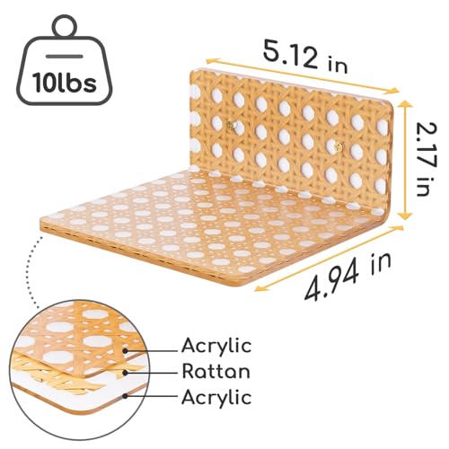 QsQueen Boho Acrylic Wall Shelves 2 Pack, Small Floating Shelf with Rattan Pattern, Clear Display Ledges for Funko Pop Figures, Plants, Perfume & Home Decor, Wall Mount for Bedroom, Living Room - Image 3