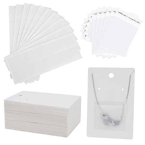 Temlum 100 Pcs Jewelry Display Cards with 100 Pcs Adhesive Pouches and Clear Bags, Necklace Earring Card Holders for Selling Jewelry Packaging Supplies (White) - Image 1