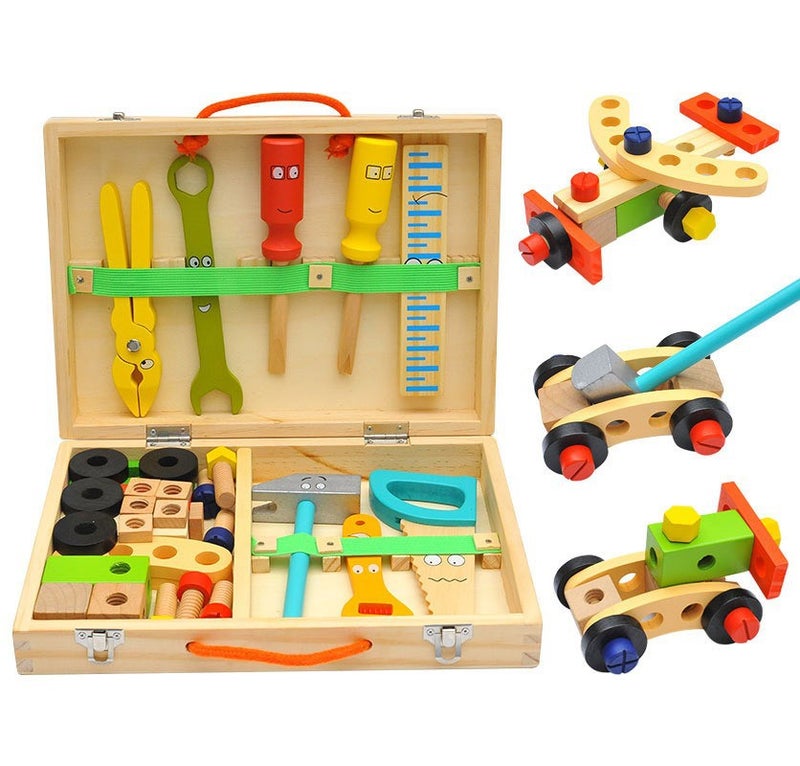 Capstro Wooden Tool Box Toy Set for Kids – DIY Construction Kit with Hammer, Screwdriver, Wrench, Nuts & Bolts, Pretend Play Building Toolbox & Engineering Toy – Cartoon Tool Box - Image 1