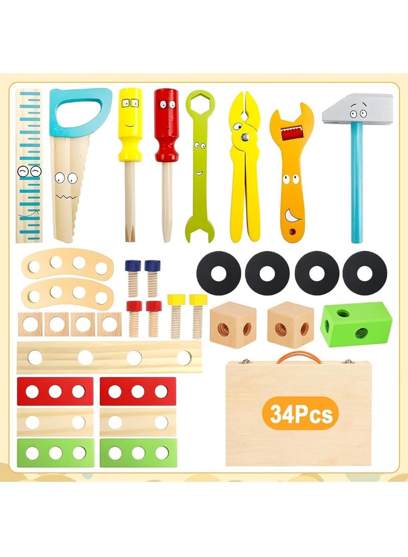 Capstro Wooden Tool Box Toy Set for Kids – DIY Construction Kit with Hammer, Screwdriver, Wrench, Nuts & Bolts, Pretend Play Building Toolbox & Engineering Toy – Cartoon Tool Box - Image 2