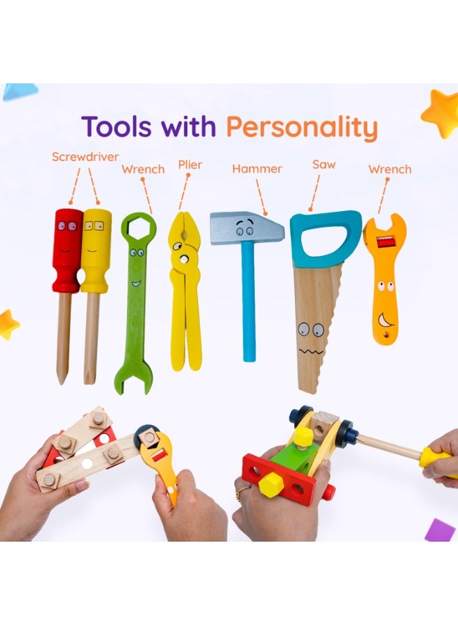 Capstro Wooden Tool Box Toy Set for Kids – DIY Construction Kit with Hammer, Screwdriver, Wrench, Nuts & Bolts, Pretend Play Building Toolbox & Engineering Toy – Cartoon Tool Box - Image 3