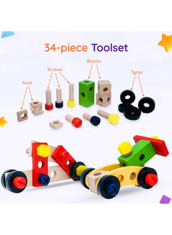 Capstro Wooden Tool Box Toy Set for Kids – DIY Construction Kit with Hammer, Screwdriver, Wrench, Nuts & Bolts, Pretend Play Building Toolbox & Engineering Toy – Cartoon Tool Box - Image 4