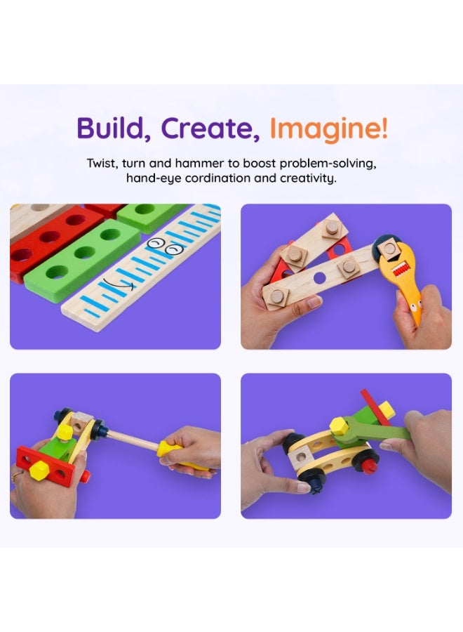 Capstro Wooden Tool Box Toy Set for Kids – DIY Construction Kit with Hammer, Screwdriver, Wrench, Nuts & Bolts, Pretend Play Building Toolbox & Engineering Toy – Cartoon Tool Box - Image 5