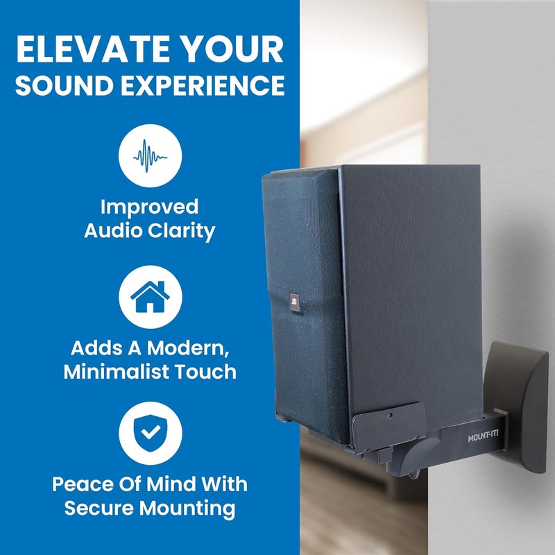 Mount-It! Bookshelf Speaker Wall Mount, Pair of Universal Side Clamping Speaker Shelf Wall Mounting Brackets for Large or Small Speakers, 2 Full Motion Mounts, 55 Lbs Capacity, Black (MI-SB37) - Image 2
