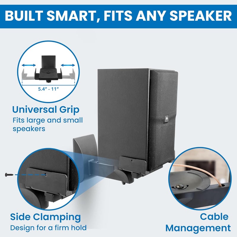 Mount-It! Bookshelf Speaker Wall Mount, Pair of Universal Side Clamping Speaker Shelf Wall Mounting Brackets for Large or Small Speakers, 2 Full Motion Mounts, 55 Lbs Capacity, Black (MI-SB37) - Image 3