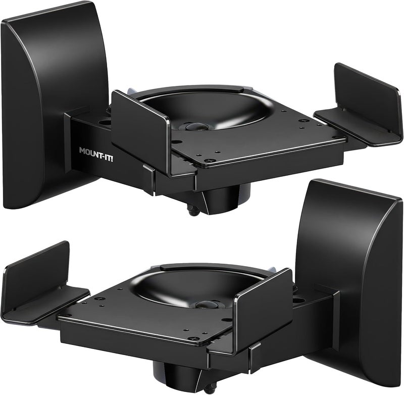 Mount-It! Bookshelf Speaker Wall Mount, Pair of Universal Side Clamping Speaker Shelf Wall Mounting Brackets for Large or Small Speakers, 2 Full Motion Mounts, 55 Lbs Capacity, Black (MI-SB37) - Image 1