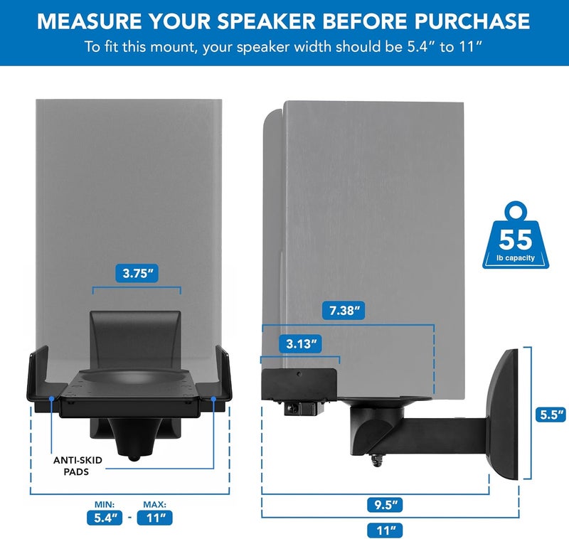 Mount-It! Bookshelf Speaker Wall Mount, Pair of Universal Side Clamping Speaker Shelf Wall Mounting Brackets for Large or Small Speakers, 2 Full Motion Mounts, 55 Lbs Capacity, Black (MI-SB37) - Image 5