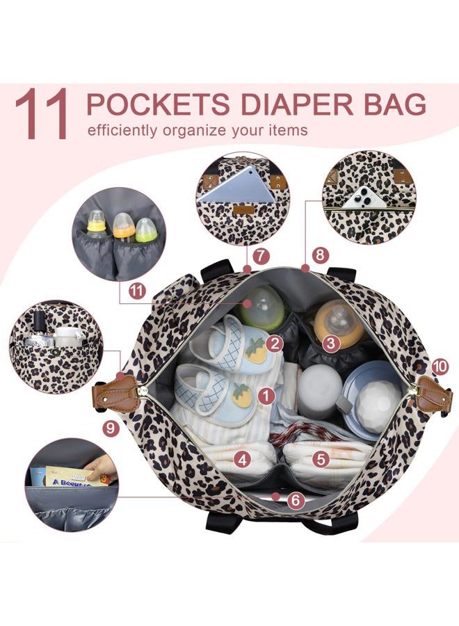 Pritent Diaper Bag Tote - Diaper Baby Bags with Pacifier Case, Shoulder Straps, Stroller Clips, Waterproof Large Mommy Maternity Travel Baby Bag for Mom and Dad, Leopard, Medium - Image 5