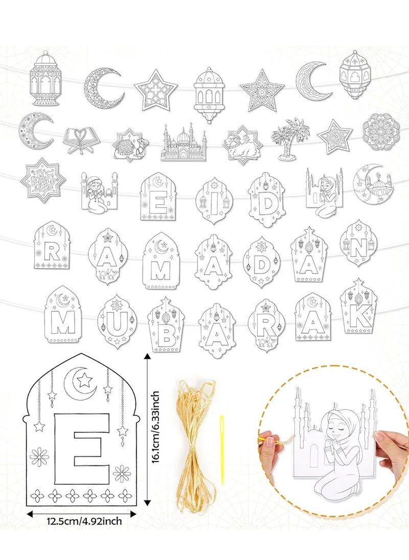 Eid Mubarak Ramadan Mubarak Coloring Banner with 24 Paint Pens, Ramadan Kareem Moon Star Castle Coloring Bunting Banner, Eid Holiday Party Favors Coloring Hanging Banner  - Image 2