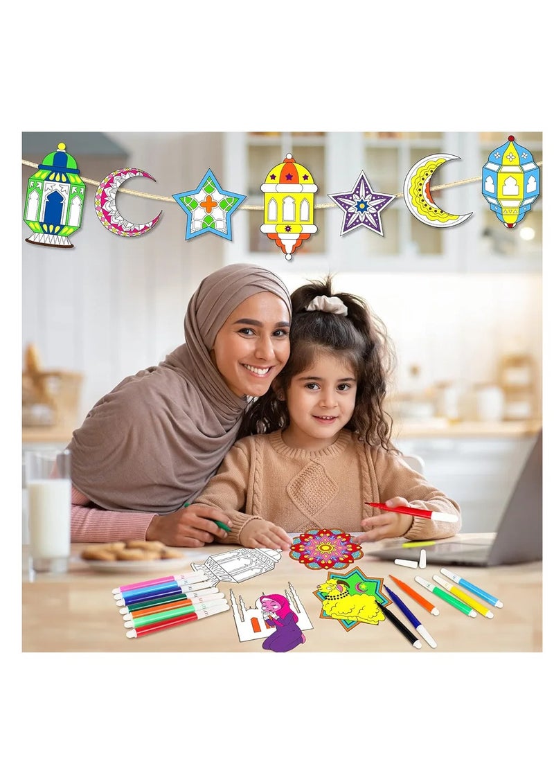 Eid Mubarak Ramadan Mubarak Coloring Banner with 24 Paint Pens, Ramadan Kareem Moon Star Castle Coloring Bunting Banner, Eid Holiday Party Favors Coloring Hanging Banner  - Image 3