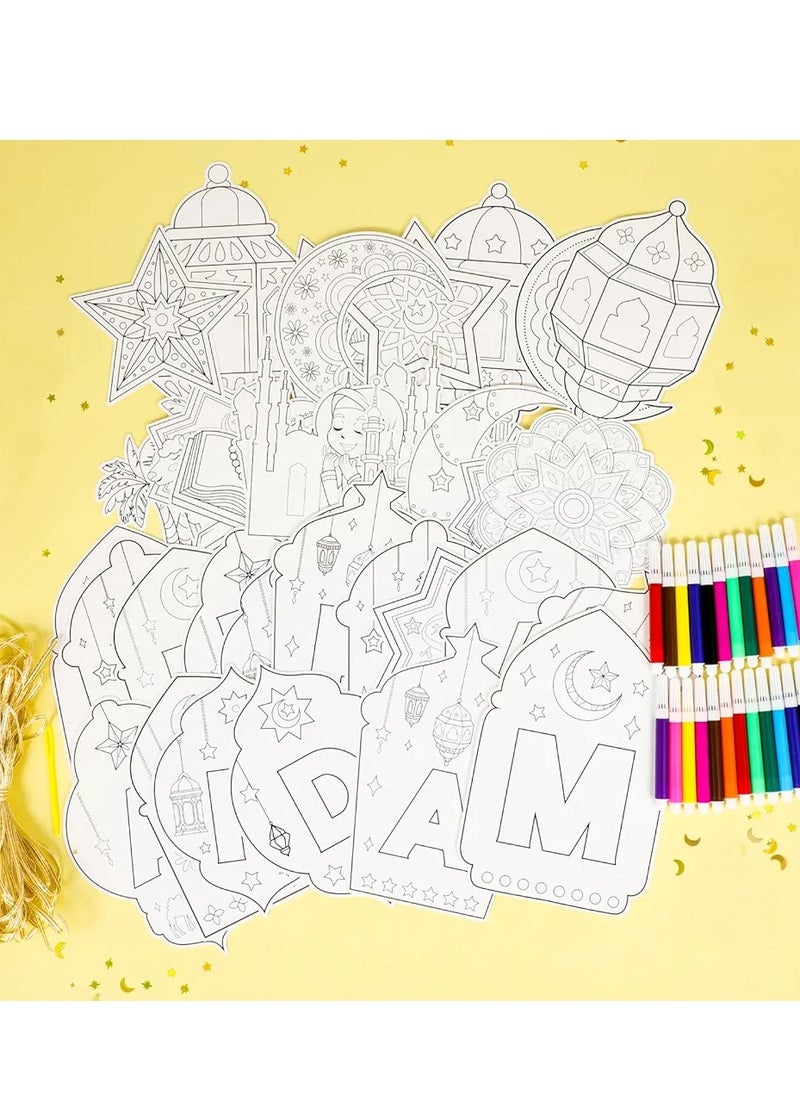 Eid Mubarak Ramadan Mubarak Coloring Banner with 24 Paint Pens, Ramadan Kareem Moon Star Castle Coloring Bunting Banner, Eid Holiday Party Favors Coloring Hanging Banner  - Image 4