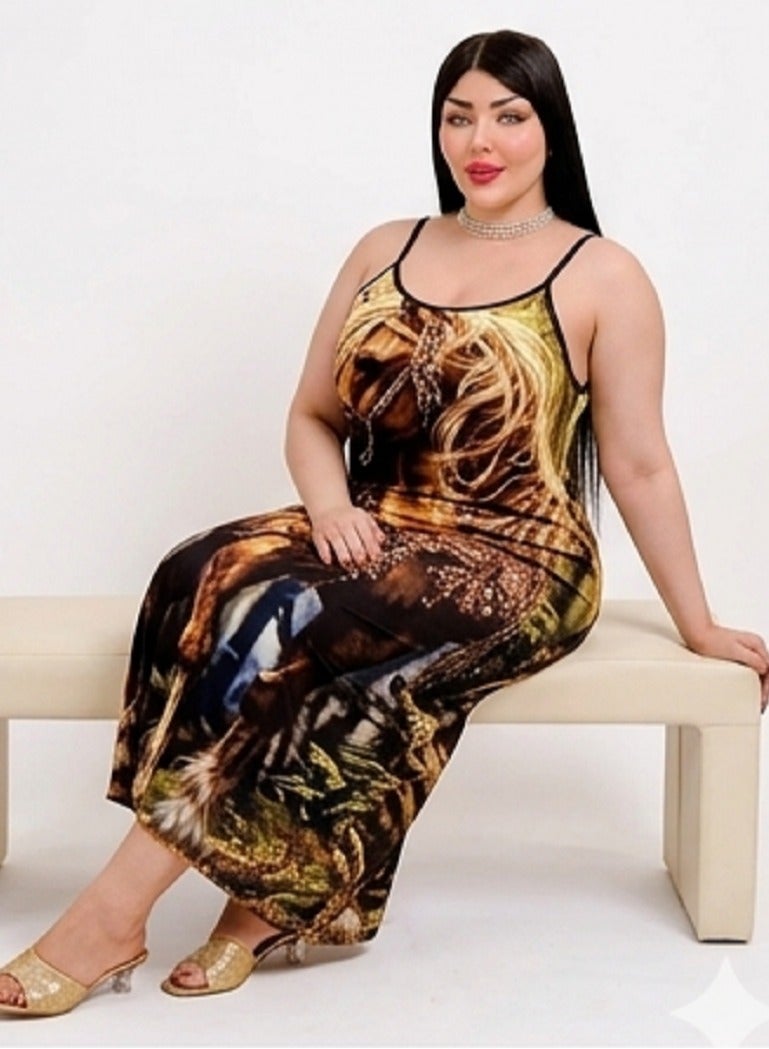 فستان كاجوال حريمي كب بحمالات بطبعة حصان ذهبي مجسم - متوفر بمقاسات خاصة- حتي وزن 85 ك - Image 3