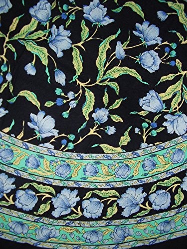 India Arts French Floral Round Cotton Tablecloth 70" Blue on Black - Image 1