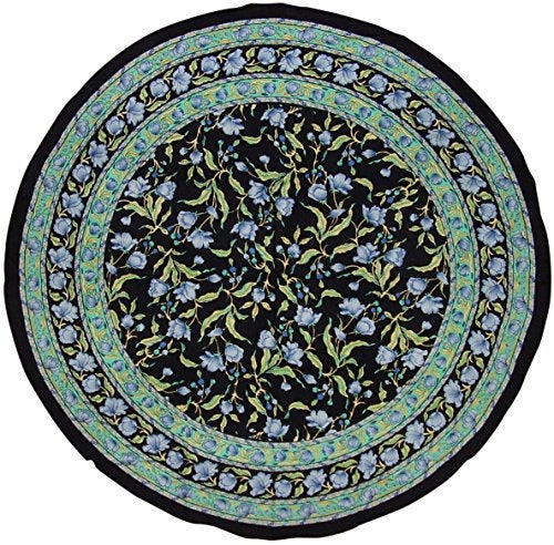 India Arts French Floral Round Cotton Tablecloth 70" Blue on Black - Image 2