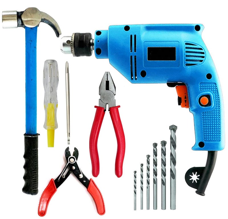 MLD XP10RM drilling machine Reversible 300 watts 2600 rpm With Drill Bit Set PlierTesterWire Cutter Adjustable WrenchClaw Hammer Size 10 mmColorMulti MaterialMetal and Plastic - Image 1