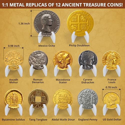 PIBEX Pirate Treasure Coins Dig Kit Dig Collect 16 Ancient Metal Coin Replicas Fools Gold Pirate Charms STEM Archaeology Necklace Making Kit Coin Collecting Gift Toy for Kids Ages 6 - Image 5