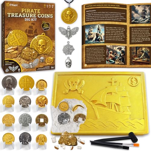 PIBEX Pirate Treasure Coins Dig Kit Dig Collect 16 Ancient Metal Coin Replicas Fools Gold Pirate Charms STEM Archaeology Necklace Making Kit Coin Collecting Gift Toy for Kids Ages 6 - Image 1