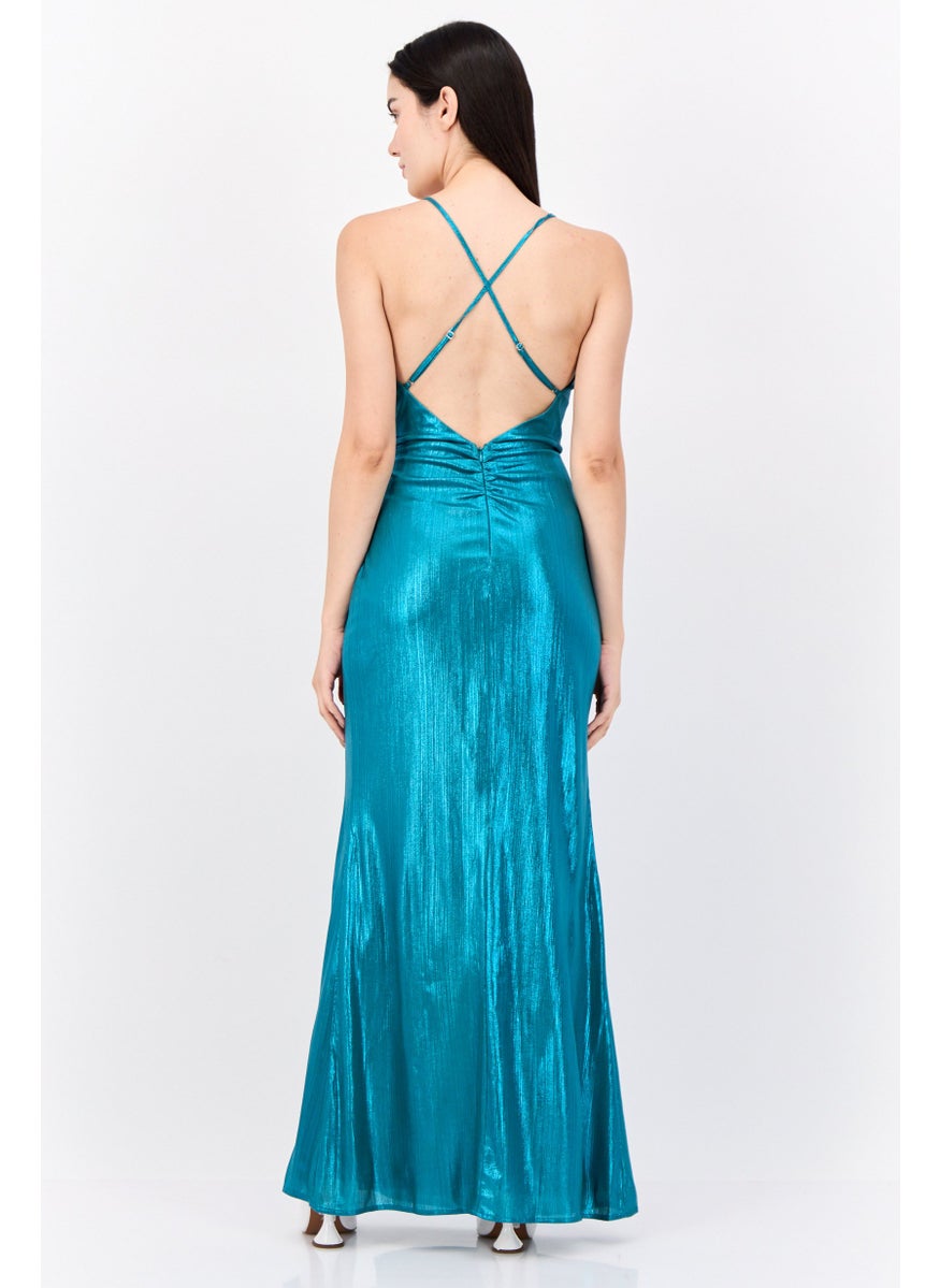 Lulus Women Metallic Maxi Dress, Teal Green  - Image 4