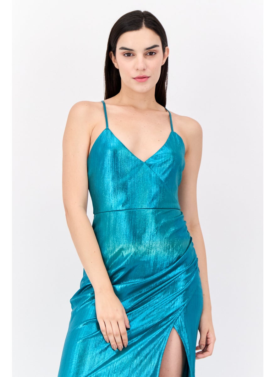 Lulus Women Metallic Maxi Dress, Teal Green  - Image 2