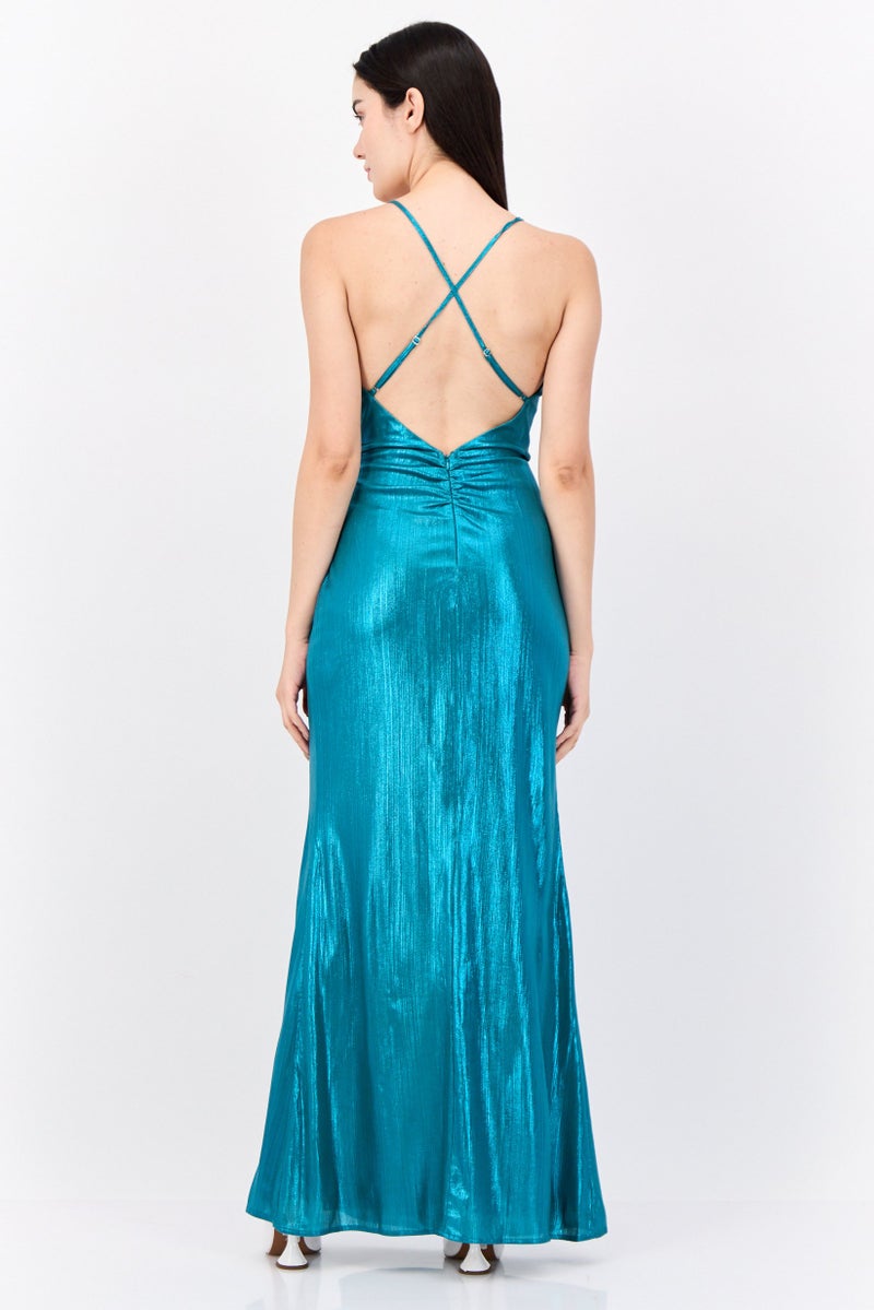 Lulus Women Metallic Maxi Dress, Teal Green - Image 4