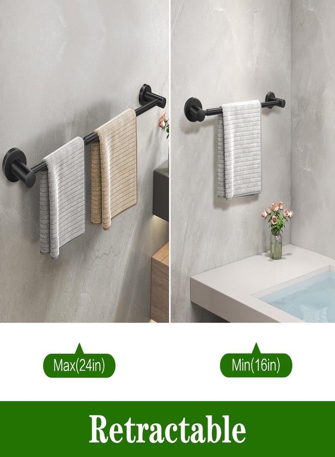 Ruby Q 10pcs Matte Black Bathroom Hardware Set, Including 2pcs 24in Retractable Hand Single Towel Bar with 2pcs Toilet Paper Holders, 2pcs Towel Rings 4pcs Multifunctional Robe Hooks - Image 2