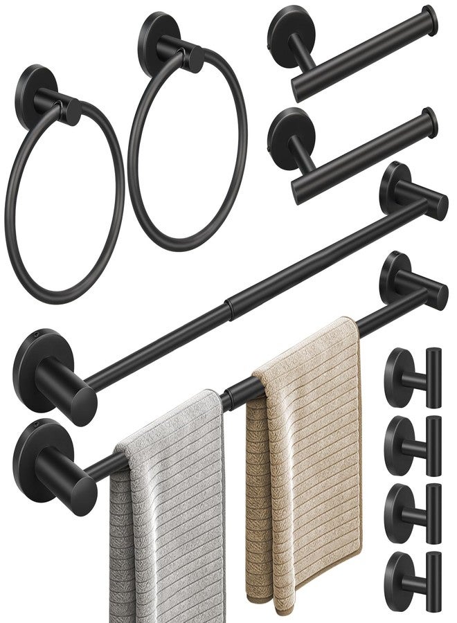 Ruby Q 10pcs Matte Black Bathroom Hardware Set, Including 2pcs 24in Retractable Hand Single Towel Bar with 2pcs Toilet Paper Holders, 2pcs Towel Rings 4pcs Multifunctional Robe Hooks - Image 1