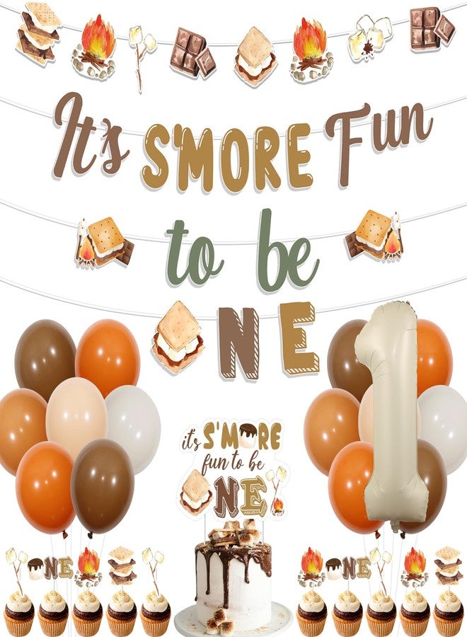 Balterever S'more Birthday Party Decorations with S'mores Birthday Party Banner Garland It's S'more Fun to Be One Cake Cupcake Toppers for Camping Smore First Birthday Party Supplies - Image 1