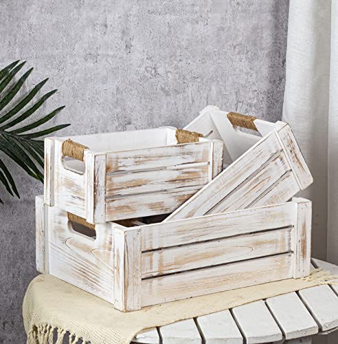 TIMRIS Set of 3 Rustic Wood Nesting Crates, Farmhouse Wooden Storage Container Boxes with Cutout Handles, Decorative Wooden Baskets for Display (Whitewash) - Image 2