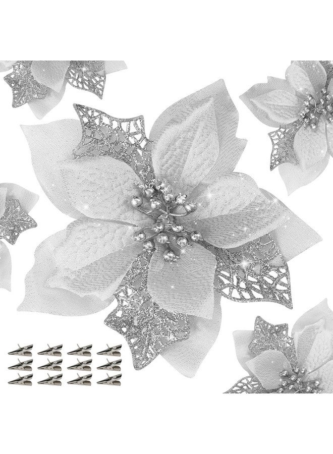 Childom 12 PCS Poinsettia Flower Artificial Poinsettia Christmas Decoration 5.9'' Silver Glitter Poinsettias Christmas Ornaments Christmas Tree Flower Decor with Clips DIY Xmas Wreath Holiday Home Party Decor  - Image 1