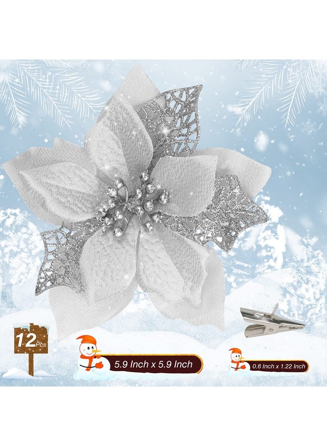 Childom 12 PCS Poinsettia Flower Artificial Poinsettia Christmas Decoration 5.9'' Silver Glitter Poinsettias Christmas Ornaments Christmas Tree Flower Decor with Clips DIY Xmas Wreath Holiday Home Party Decor  - Image 5