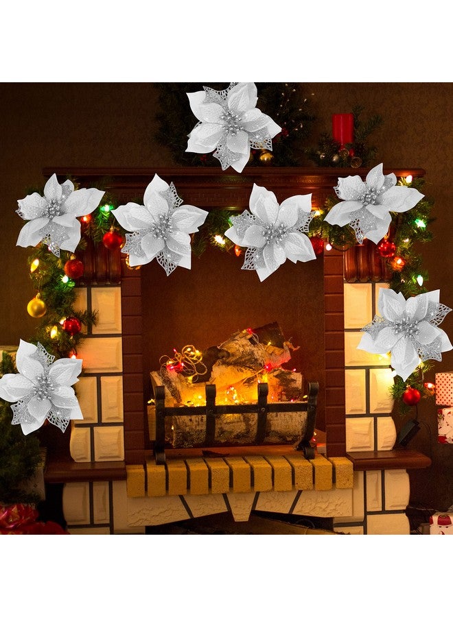 Childom 12 PCS Poinsettia Flower Artificial Poinsettia Christmas Decoration 5.9'' Silver Glitter Poinsettias Christmas Ornaments Christmas Tree Flower Decor with Clips DIY Xmas Wreath Holiday Home Party Decor  - Image 2