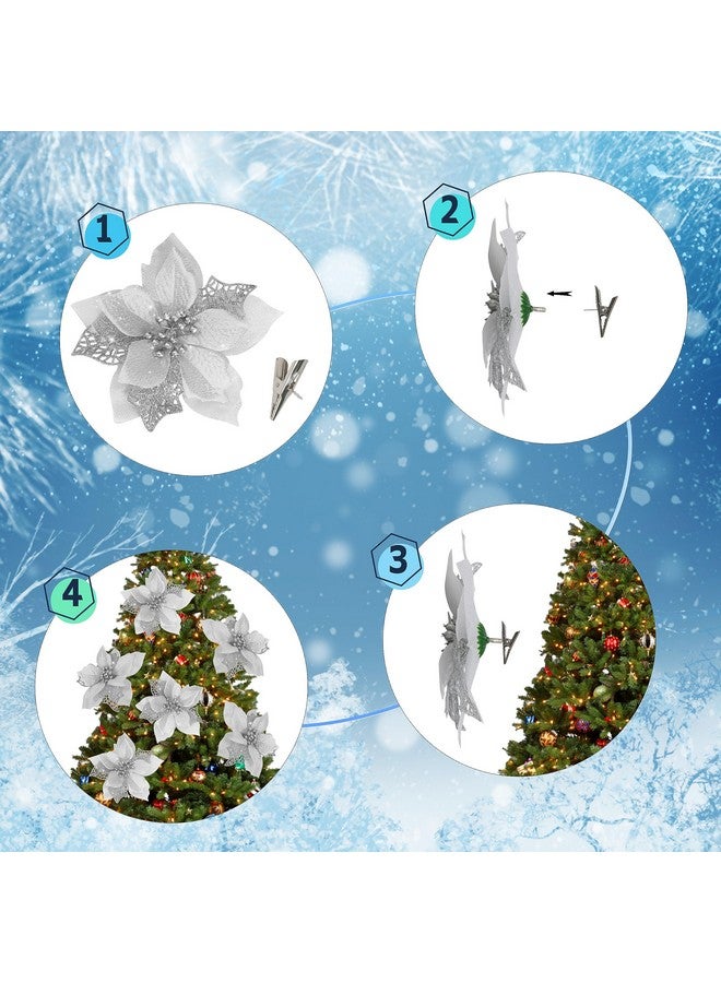 Childom 12 PCS Poinsettia Flower Artificial Poinsettia Christmas Decoration 5.9'' Silver Glitter Poinsettias Christmas Ornaments Christmas Tree Flower Decor with Clips DIY Xmas Wreath Holiday Home Party Decor  - Image 4