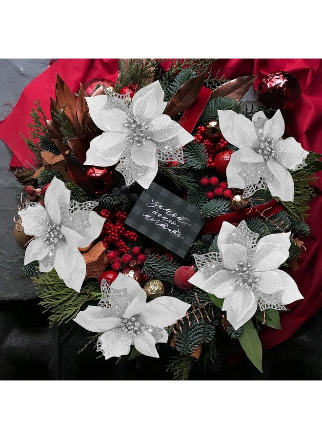 Childom 12 PCS Poinsettia Flower Artificial Poinsettia Christmas Decoration 5.9'' Silver Glitter Poinsettias Christmas Ornaments Christmas Tree Flower Decor with Clips DIY Xmas Wreath Holiday Home Party Decor  - Image 3