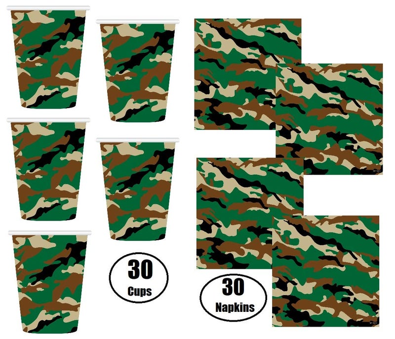 Oojami Serves 30 Complete Party Pack Camouflage Party Supplies 9" Dinner Paper Plates 7" Dessert Paper Plates 12 oz Cups 3 Ply Napkins Camouflage Themed Birthday Party Supplies - Image 4