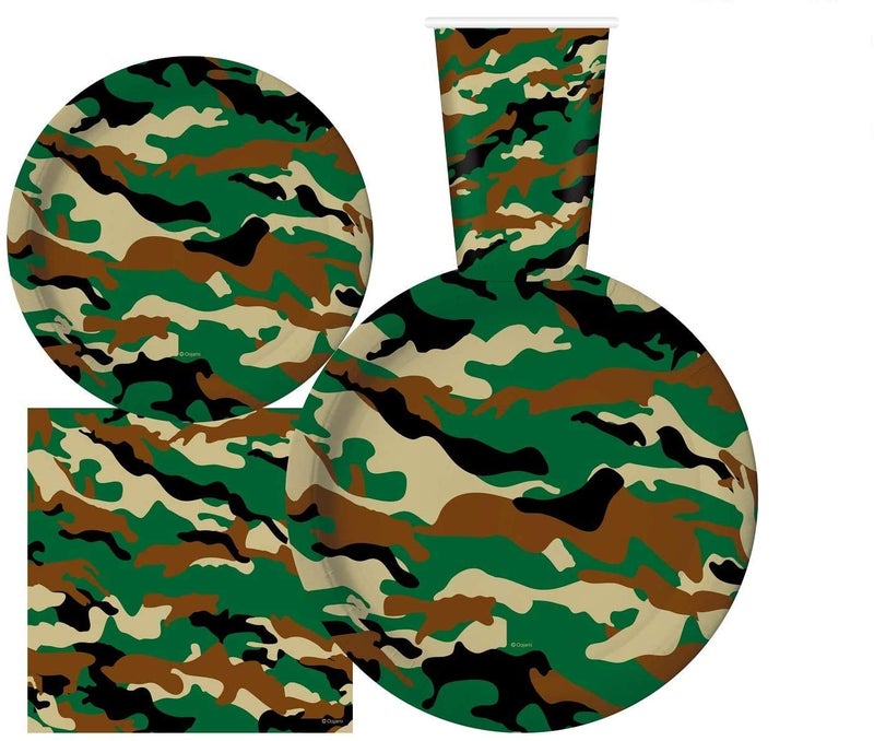 Oojami Serves 30 Complete Party Pack Camouflage Party Supplies 9" Dinner Paper Plates 7" Dessert Paper Plates 12 oz Cups 3 Ply Napkins Camouflage Themed Birthday Party Supplies - Image 1