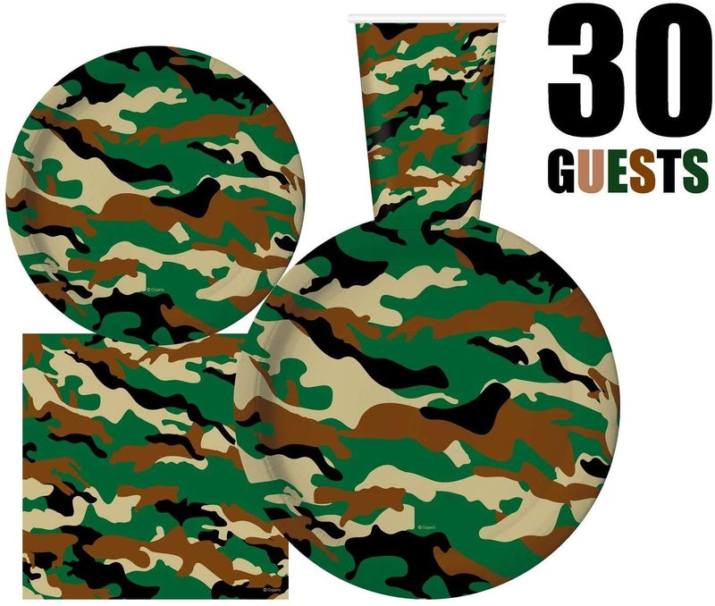 Oojami Serves 30 Complete Party Pack Camouflage Party Supplies 9" Dinner Paper Plates 7" Dessert Paper Plates 12 oz Cups 3 Ply Napkins Camouflage Themed Birthday Party Supplies - Image 5