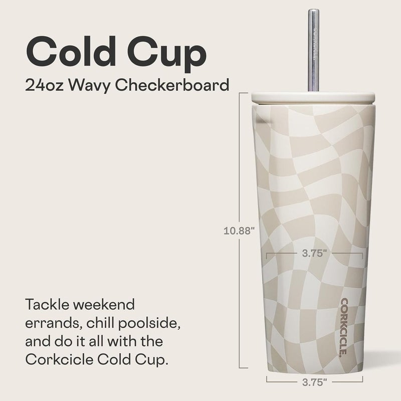 CORKCICLE كوب كوركسيكل البارد مع غطاء وقشة، 24 أونصة بتصميم مربعات متموجة - Image 3