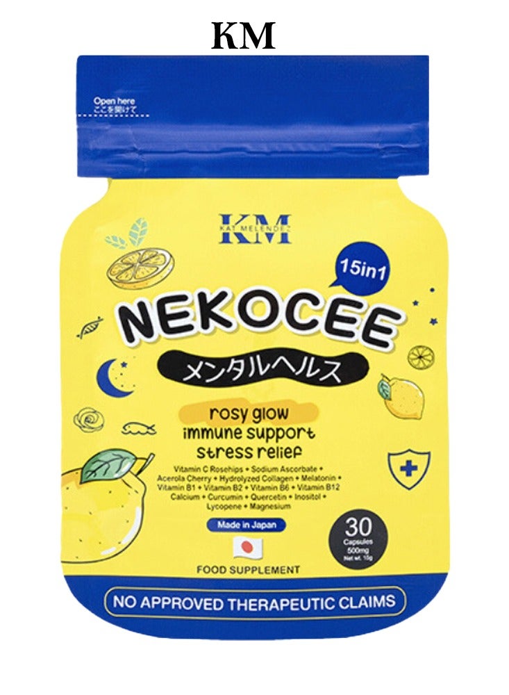 KM KM Nekocee Rosy Glow Immune Support Stress Relief 500mg - 15-in-1 Dietary Supplement with Vitamin C, Collagen & Melatonin (30 Capsules) 