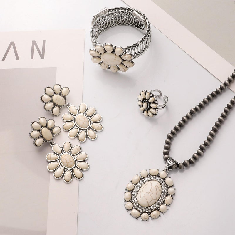 JMScape 4 PCS Western Turquoise Jewelry for Women Boho Vintage Navajo Pearl Necklace Earring Bracelet Ring Set Country Cowgirl Accessories for Gift (A-White) - Image 3