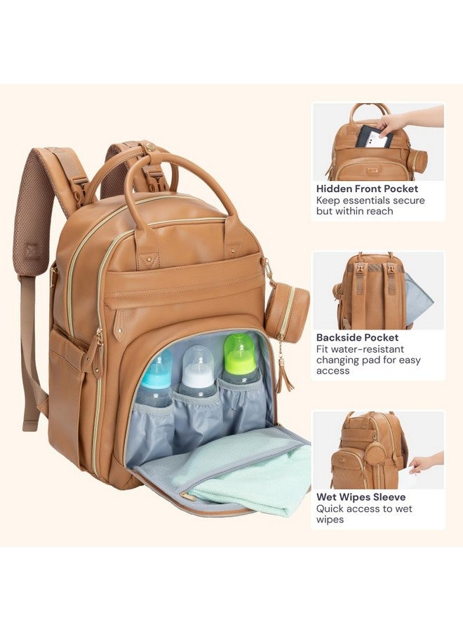 BabbleRoo BabbleRoo Leather Diaper Bag Backpack - Baby Essentials Travel Baby Bag, Multi function, Waterproof, with Changing Pad, Stroller Straps & Pacifier Case - Unisex, Light Brown  - Image 4
