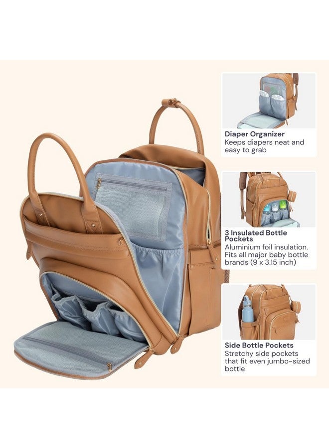 BabbleRoo BabbleRoo Leather Diaper Bag Backpack - Baby Essentials Travel Baby Bag, Multi function, Waterproof, with Changing Pad, Stroller Straps & Pacifier Case - Unisex, Light Brown  - Image 3