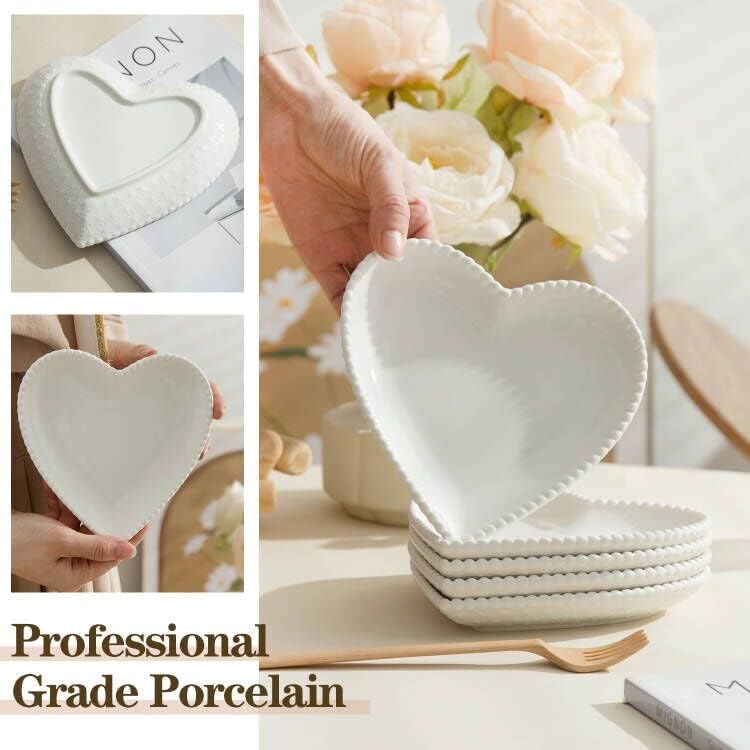 BABALIU 63 Inch Porcelain Appetizer Plates Set of 10 Heart Shape Small Dinner Plates White Dessert Salad Plates Serving Dishes for Cake Snack Ice Cream Waffles Microwave Oven Dishwasher Safe - Image 3