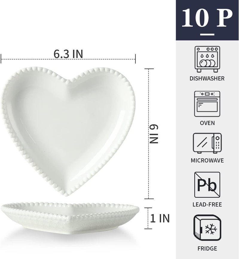 BABALIU 63 Inch Porcelain Appetizer Plates Set of 10 Heart Shape Small Dinner Plates White Dessert Salad Plates Serving Dishes for Cake Snack Ice Cream Waffles Microwave Oven Dishwasher Safe - Image 2