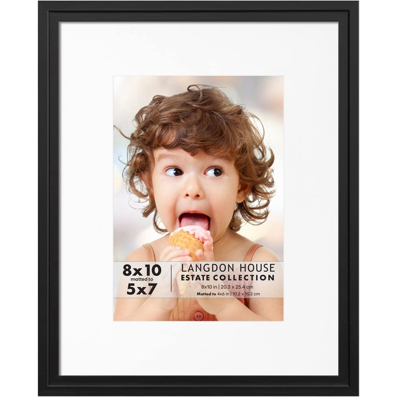 Langdon House 8x10 Black Picture Frame wRemovable Mat to 5x7 Modern StepDown Molding Tabletop Easel Included Estate Collection