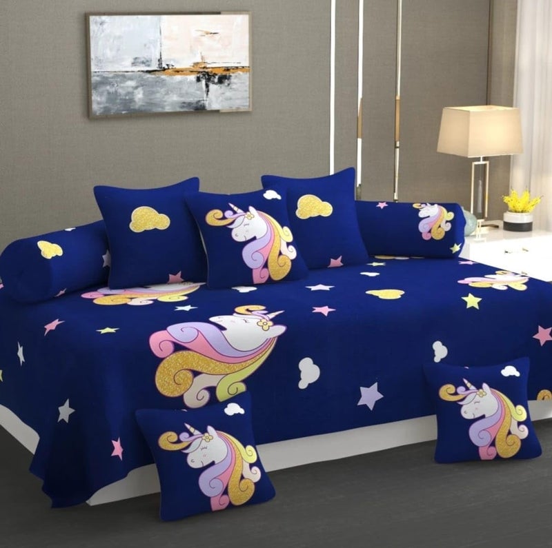 CLIDE+ 210 Tc Diwan Cover Glace Cotton Premium Cloth Quality Designer Printed 8 Pieces Standard Diwan Set (1 Single Bedsheet, 2 Bolster Covers, 5 Cushion Covers) (Jaipuri Print) (DIWAN - 18) - Image 1