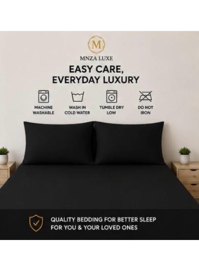 طقم ملاءة سرير مطاطية سادة من الألياف الدقيقة من MNZA LUXE، ملاءة مطاطية واحدة + غطاءا وسادة | ناعم للغاية، قابل للتهوية، مقاوم للتجاعيد | أسود - Image 3