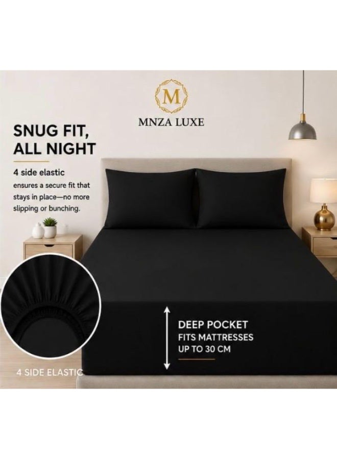 طقم ملاءة سرير مطاطية سادة من الألياف الدقيقة من MNZA LUXE، ملاءة مطاطية واحدة + غطاءا وسادة | ناعم للغاية، قابل للتهوية، مقاوم للتجاعيد | أسود - Image 1