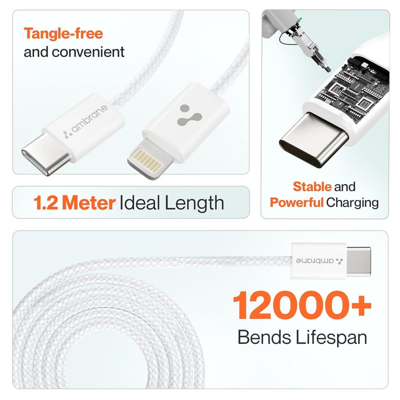 AMBRANE كابل Type-C إلى Lightning، كابل شحن سريع 22.5 واط متوافق مع iPhone 14، 13، 12، 11، X، 8، 7، 6، 5، Pro، Max، iPad، Macbook، iMac، AirPods، يدعم CarPlay، 1.2م (ABTL-Q12، أبيض) - Image 4