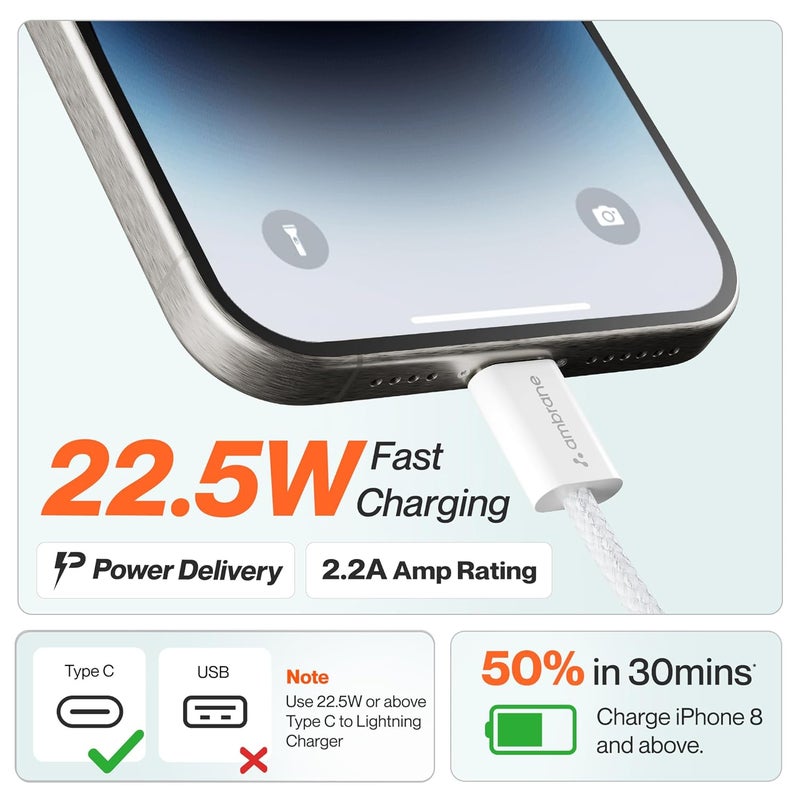 AMBRANE كابل Type-C إلى Lightning، كابل شحن سريع 22.5 واط متوافق مع iPhone 14، 13، 12، 11، X، 8، 7، 6، 5، Pro، Max، iPad، Macbook، iMac، AirPods، يدعم CarPlay، 1.2م (ABTL-Q12، أبيض) - Image 2